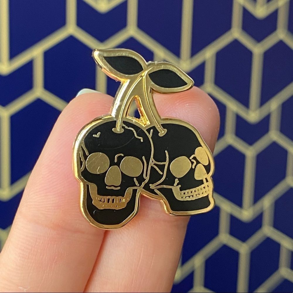 Black & Gold Cherry Skulls Enamel Pin/Brooch Lapel